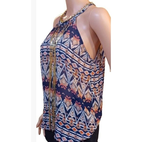 LOVE SONG WOMEN'S TOP-Fringe Multicolor Halter Gold Chain Geometric- Large - Picture 5 of 10